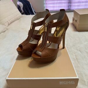 Michael Kors Tan Brown Leather Zip-Front Platform Heels